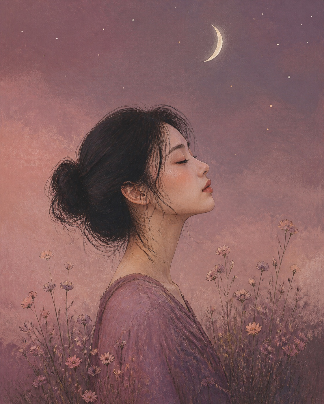 花丛与弯月下的女孩侧影插画
